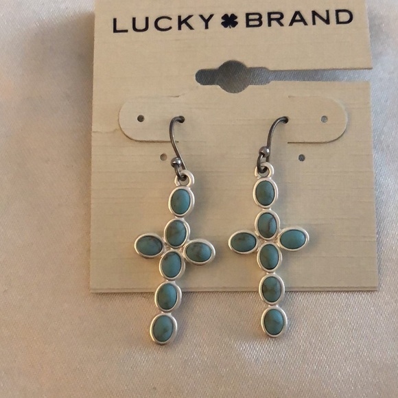 Lucky Brand Silver Tone Cross Drop Earrings Turquoise Accents NWT - Picture 3 of 10